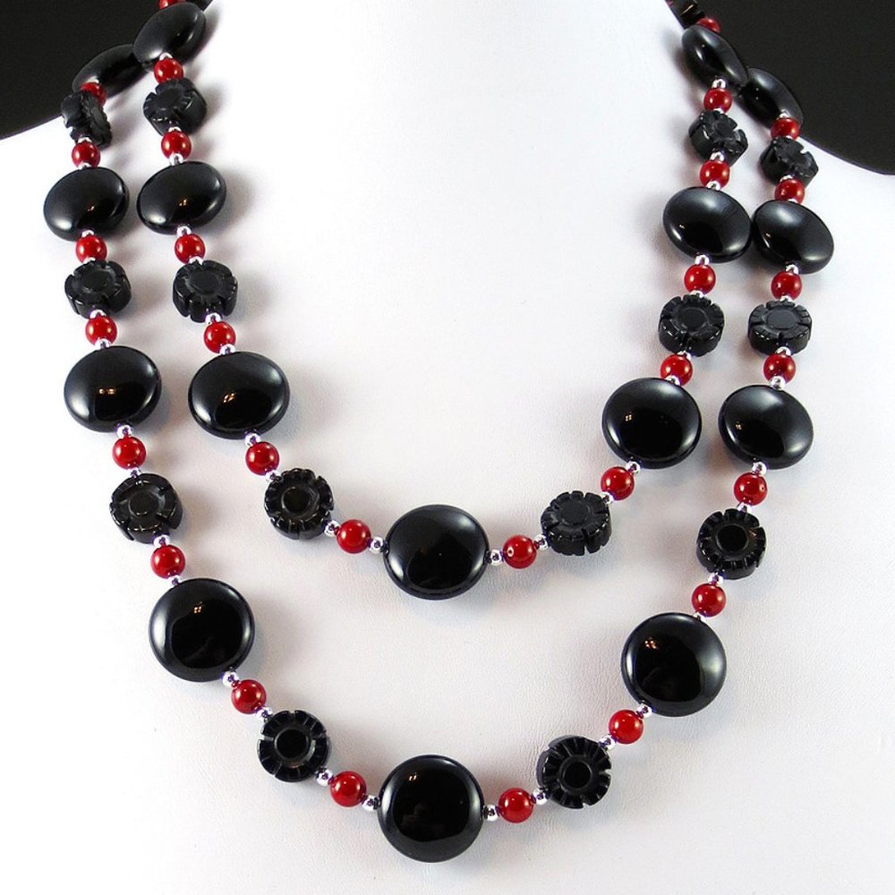 Black Agate, Onyx, Coral, Sterling 2-Necklace Set